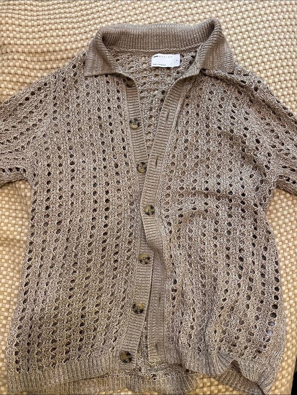 NWOT Open-Knit Button Short Sleeve Cardigan in Beige